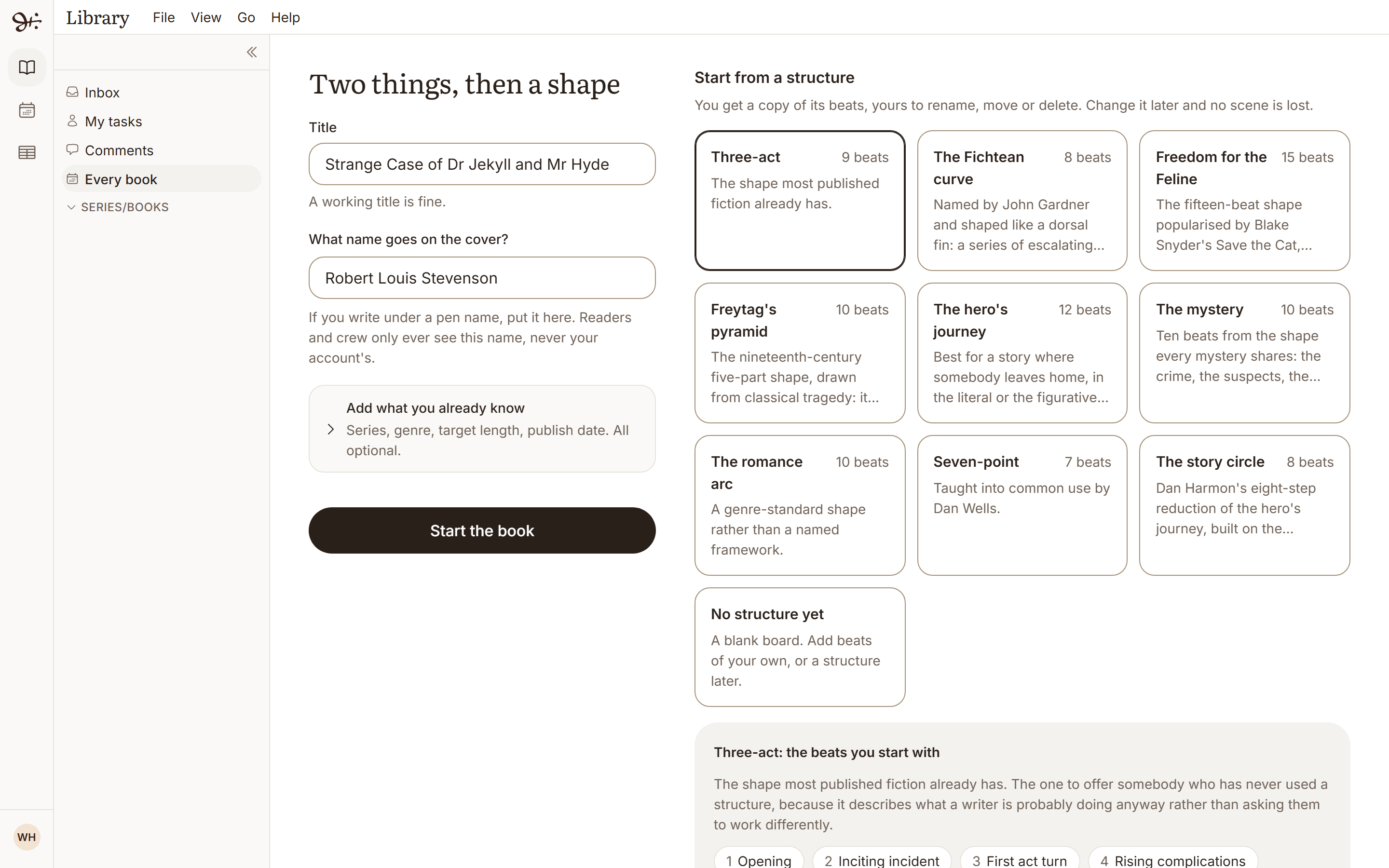 Starting Strange Case of Dr Jekyll and Mr Hyde under Robert Louis Stevenson, with the three-act structure chosen from the structures on offer.