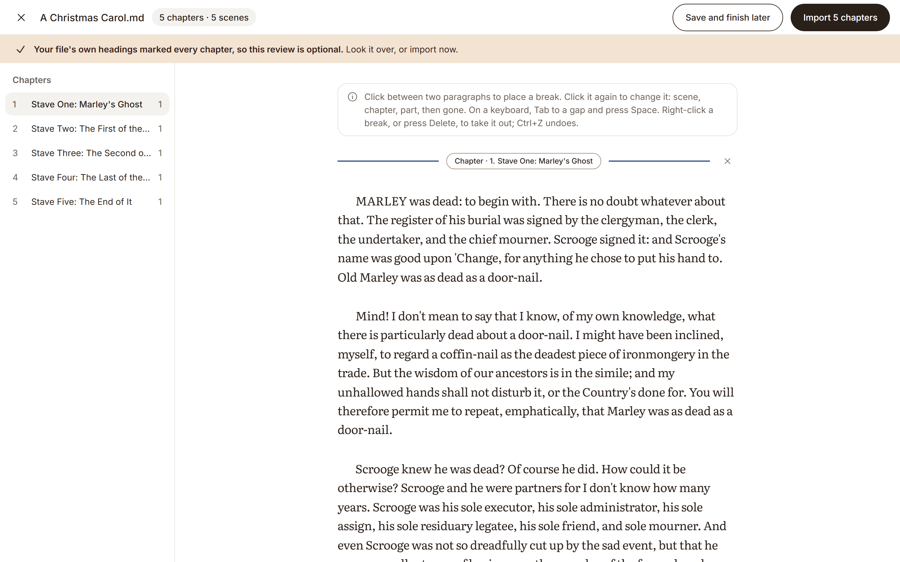 A Christmas Carol read for review: its five staves listed beside the text, with each break shown between the paragraphs it falls between.