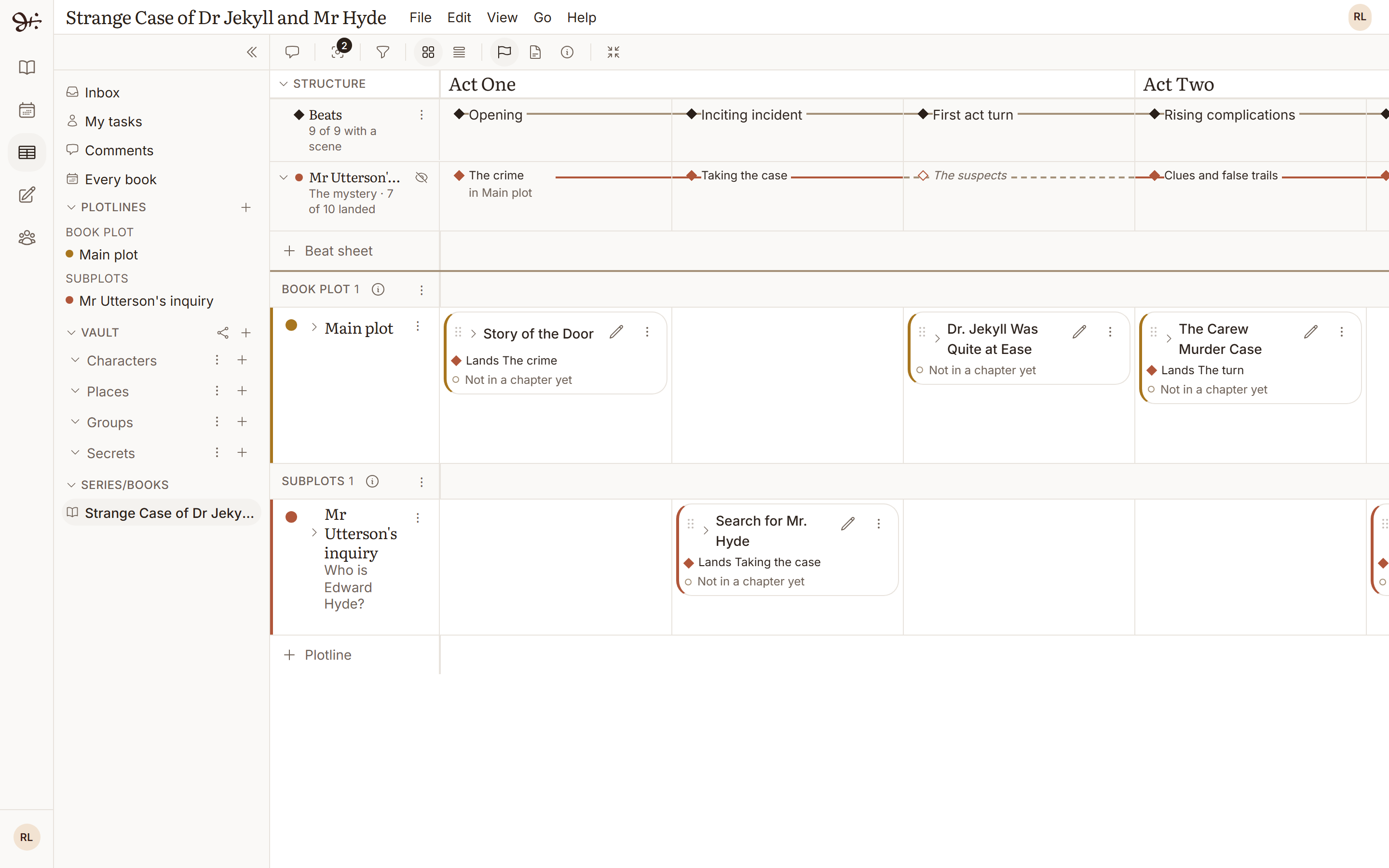 The plot board for Strange Case of Dr Jekyll and Mr Hyde: Act One's beats across the top, Mr Utterson's inquiry's mystery beats in a lane beneath them, then the main plot under Book plot and the inquiry under Subplots, with scene cards where each row meets a beat.